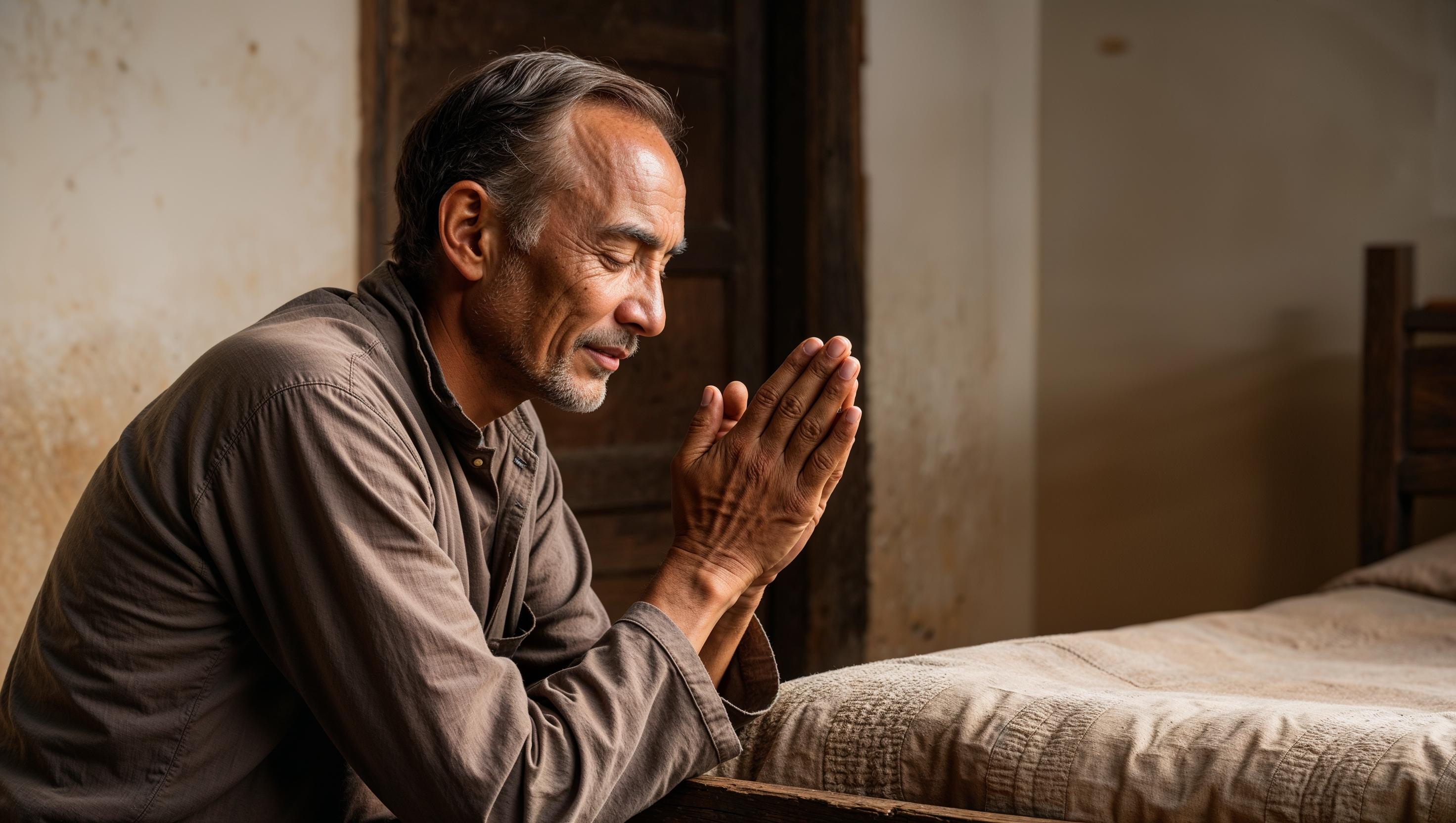 A man prays on the bed