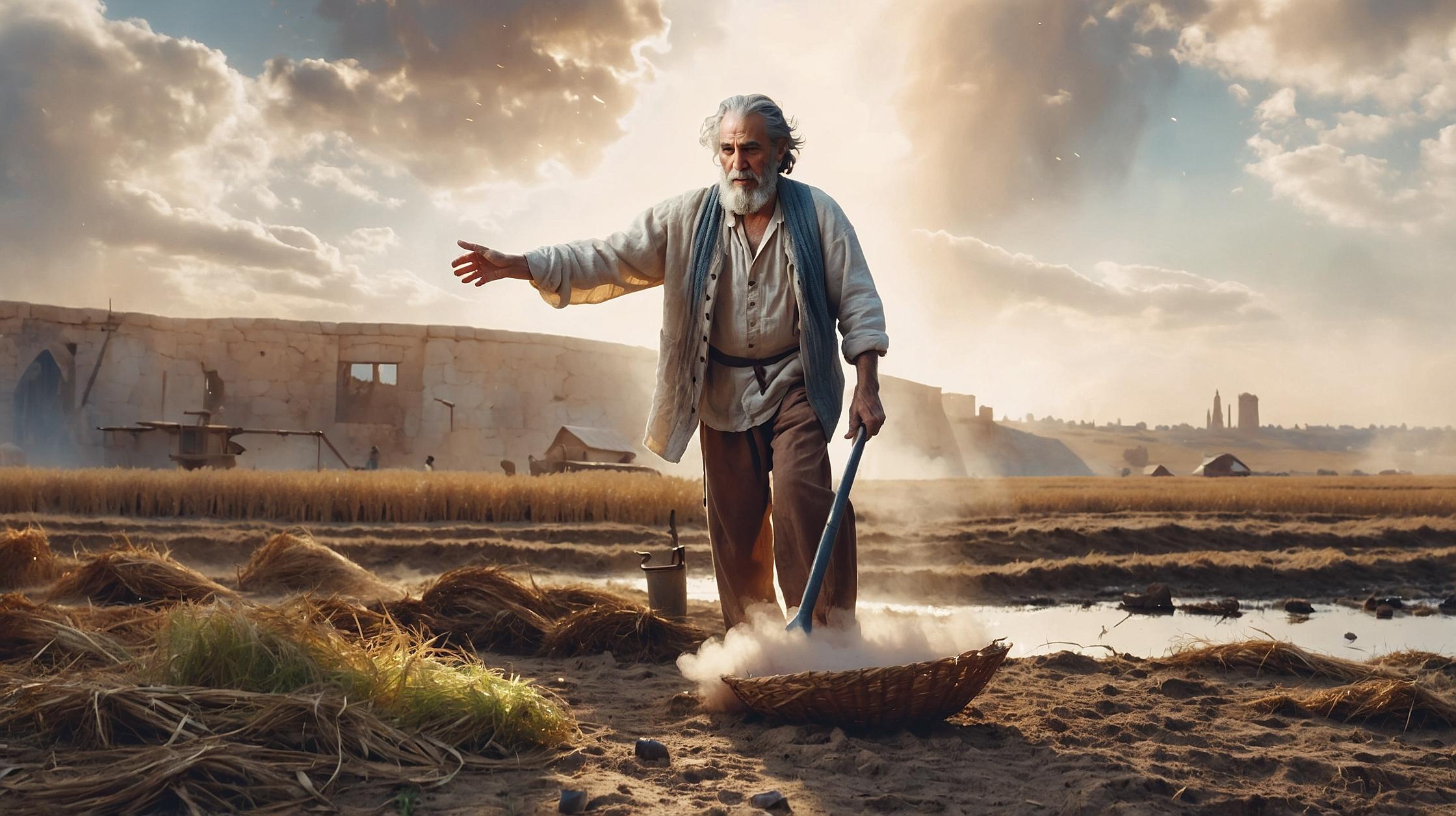 Man Sowing Grain in Open Field