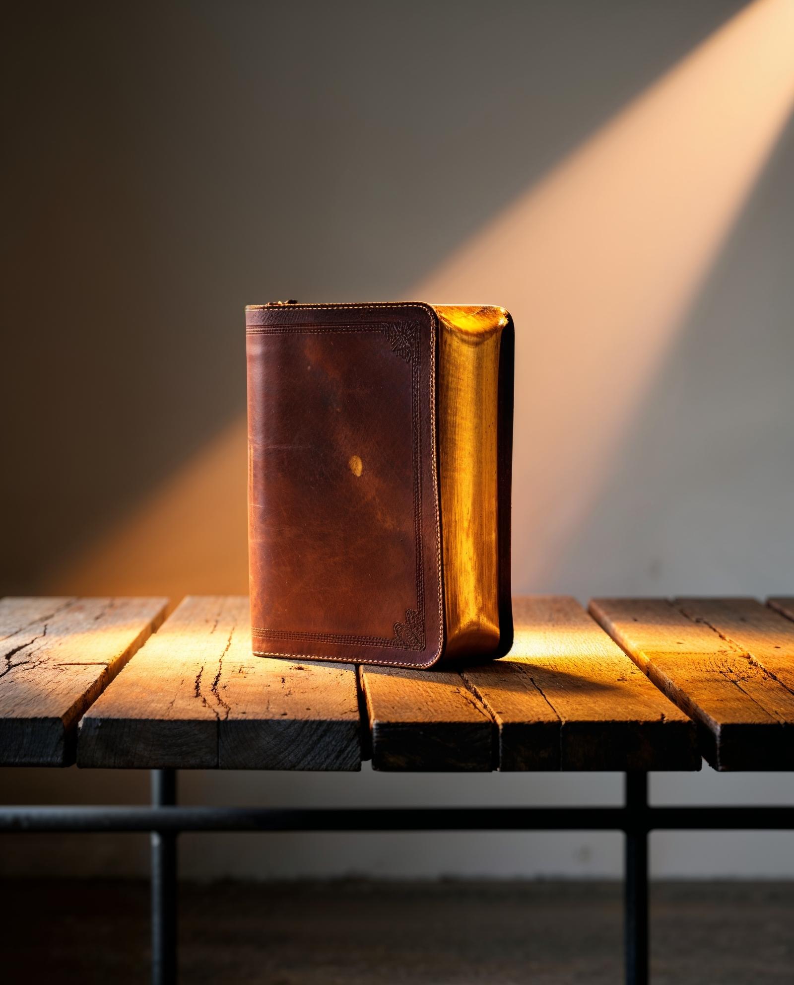 Leather-Bound Bible on Rustic Table