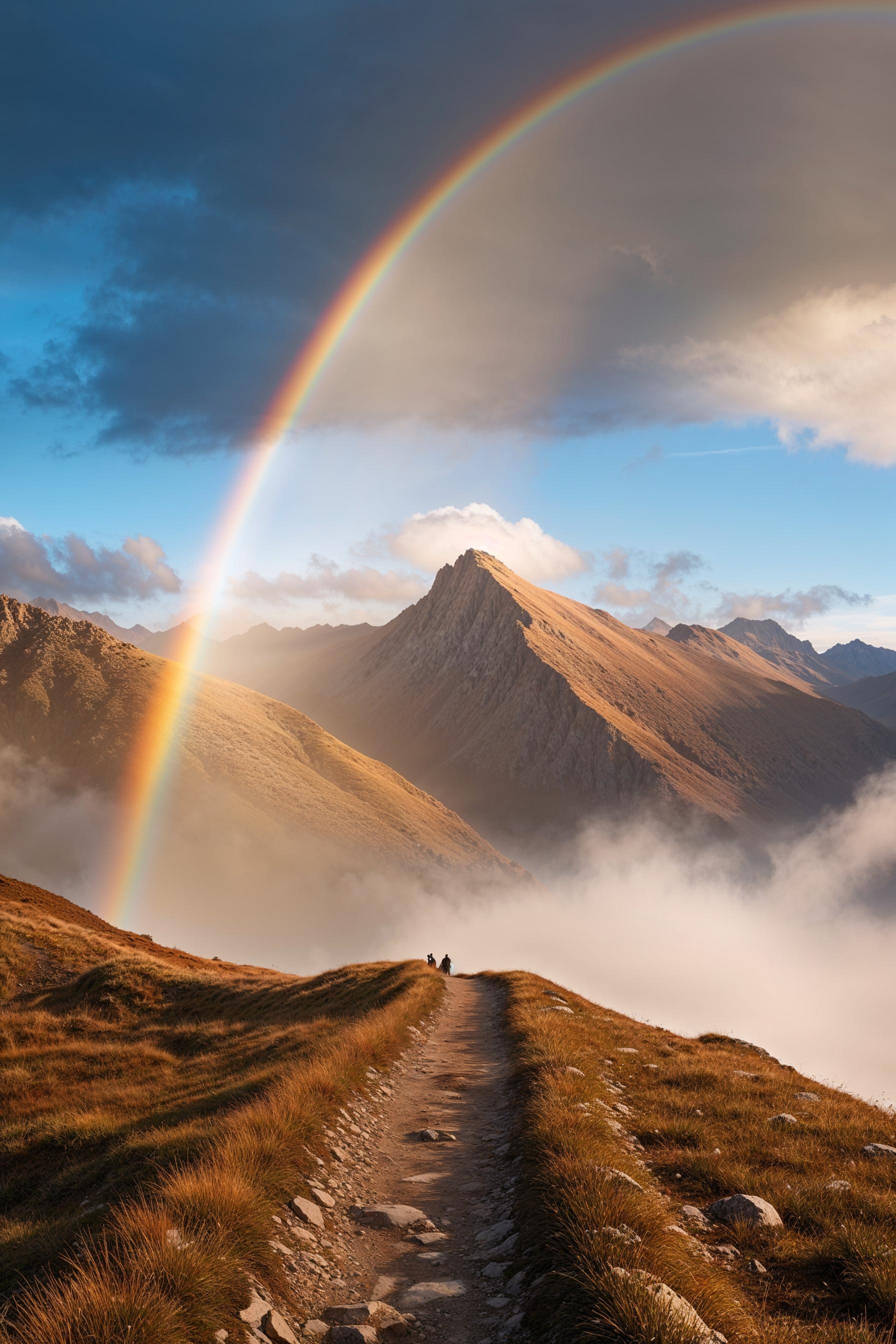 Mountain Trail with Rainbow and Heavenly Light
