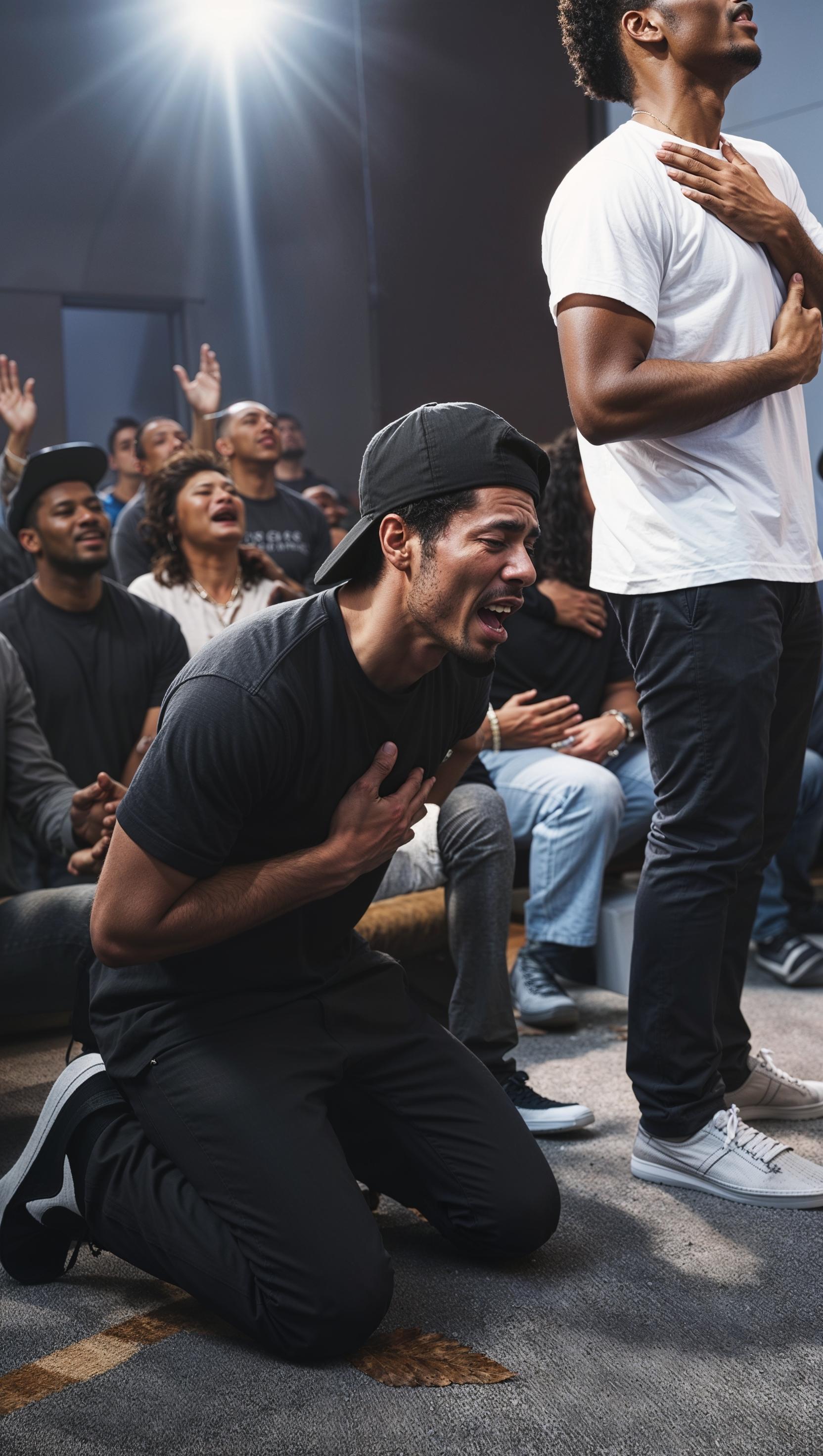 Young Man Kneeling in Emotional Reflection